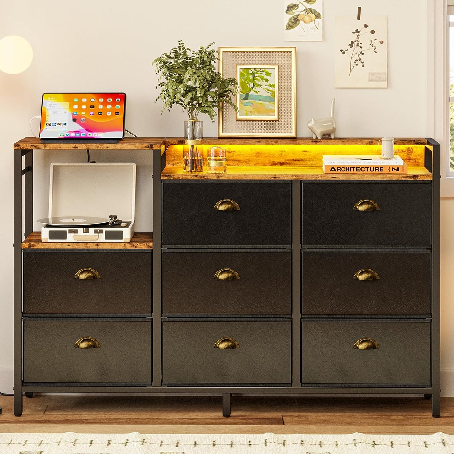 Commode LED avec 8 tiroirs en cuir PU