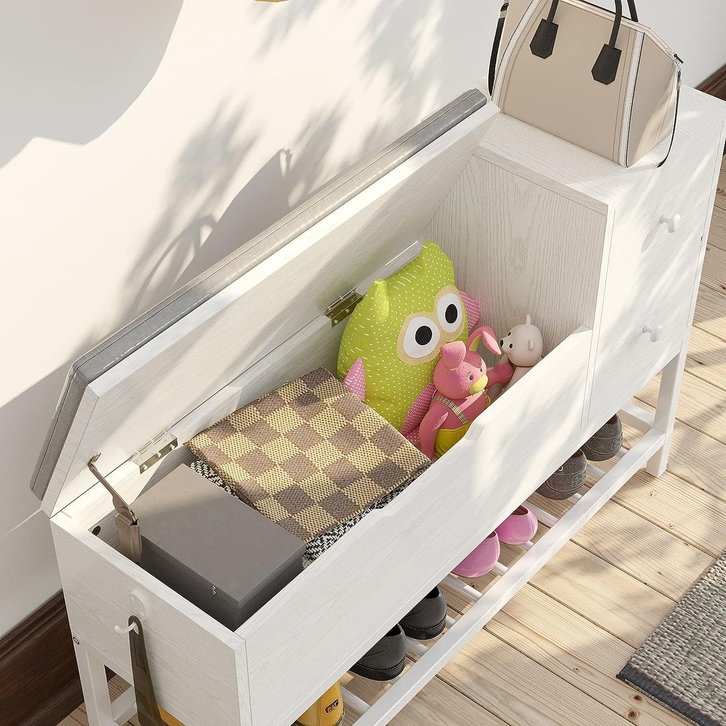 White Entryway Bench with Drawers