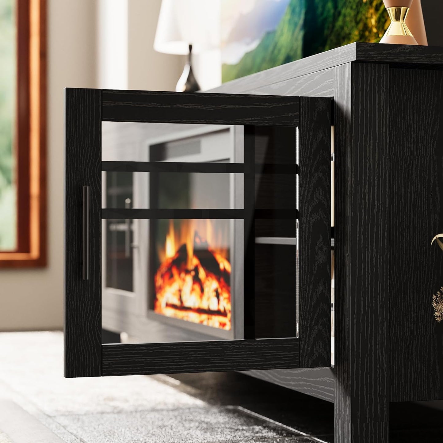 IRONCK 59” TV Stand with 23” Electric Fireplace Black