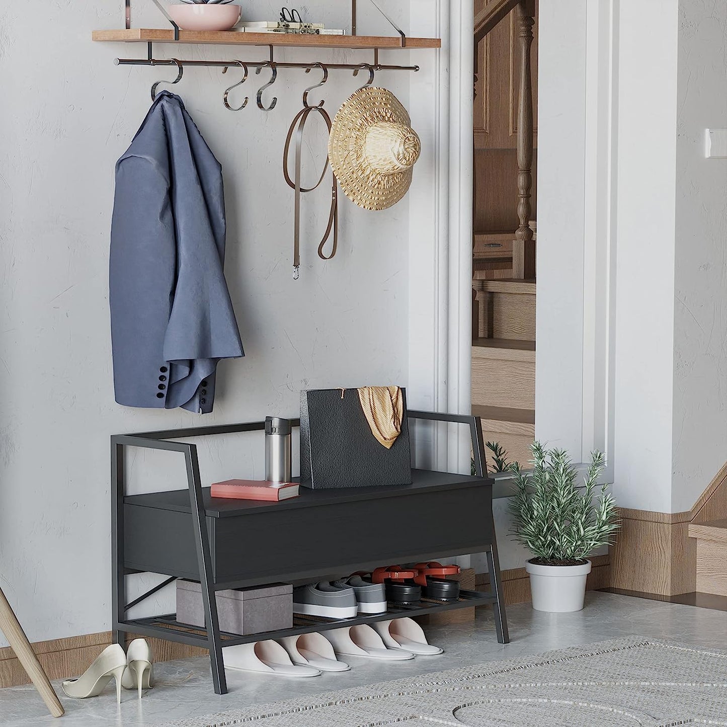 Black Shoe Bench with Storage
