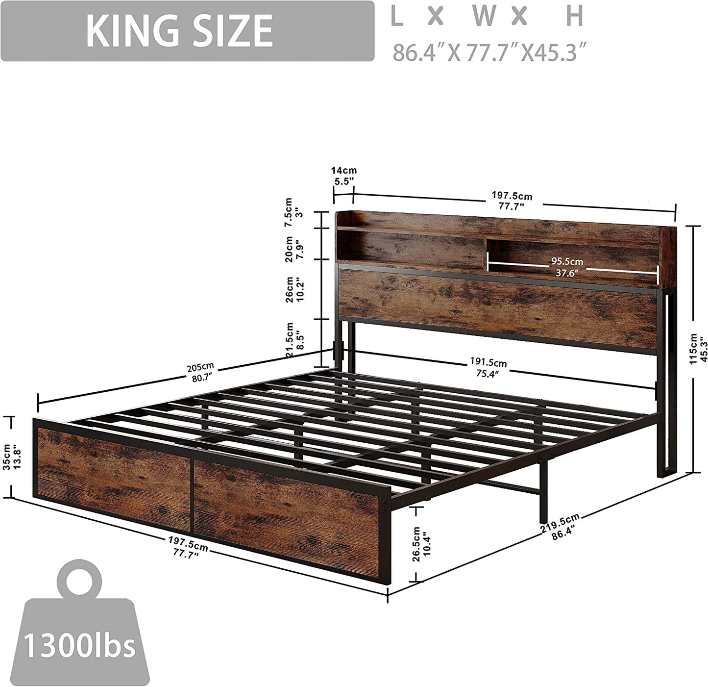 King Bed Frame with Bookcase Headboard