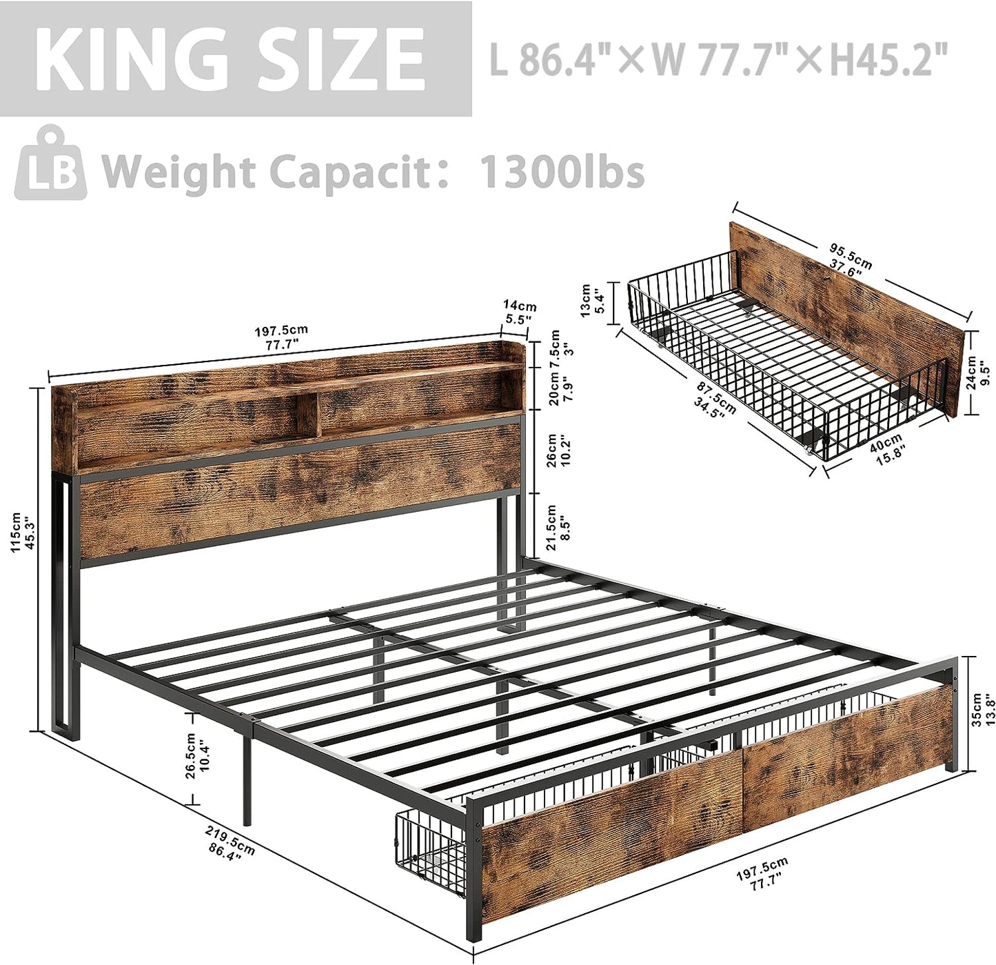 Industrial Bed Frame with Bookcase Headboard