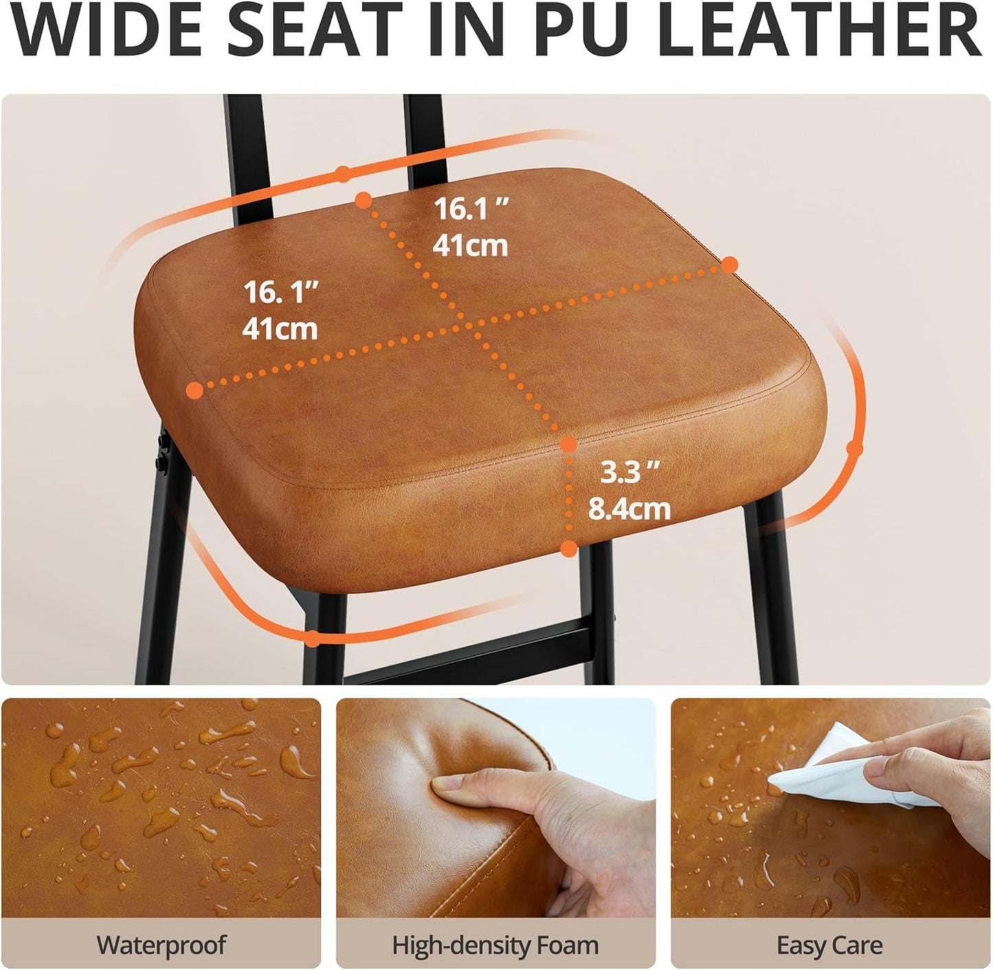 IRONCK Counter Height Bar Stools Set of 2, Modern PU Leather Barstools with Rattan Back and Wide Seat, 30" Tall Bar Chairs for Kitchen Island, Brown