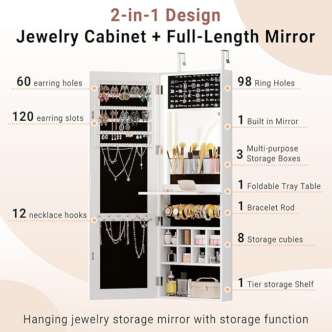 Jewelry Armoire Cabinet Organizer with Full-Length Mirror