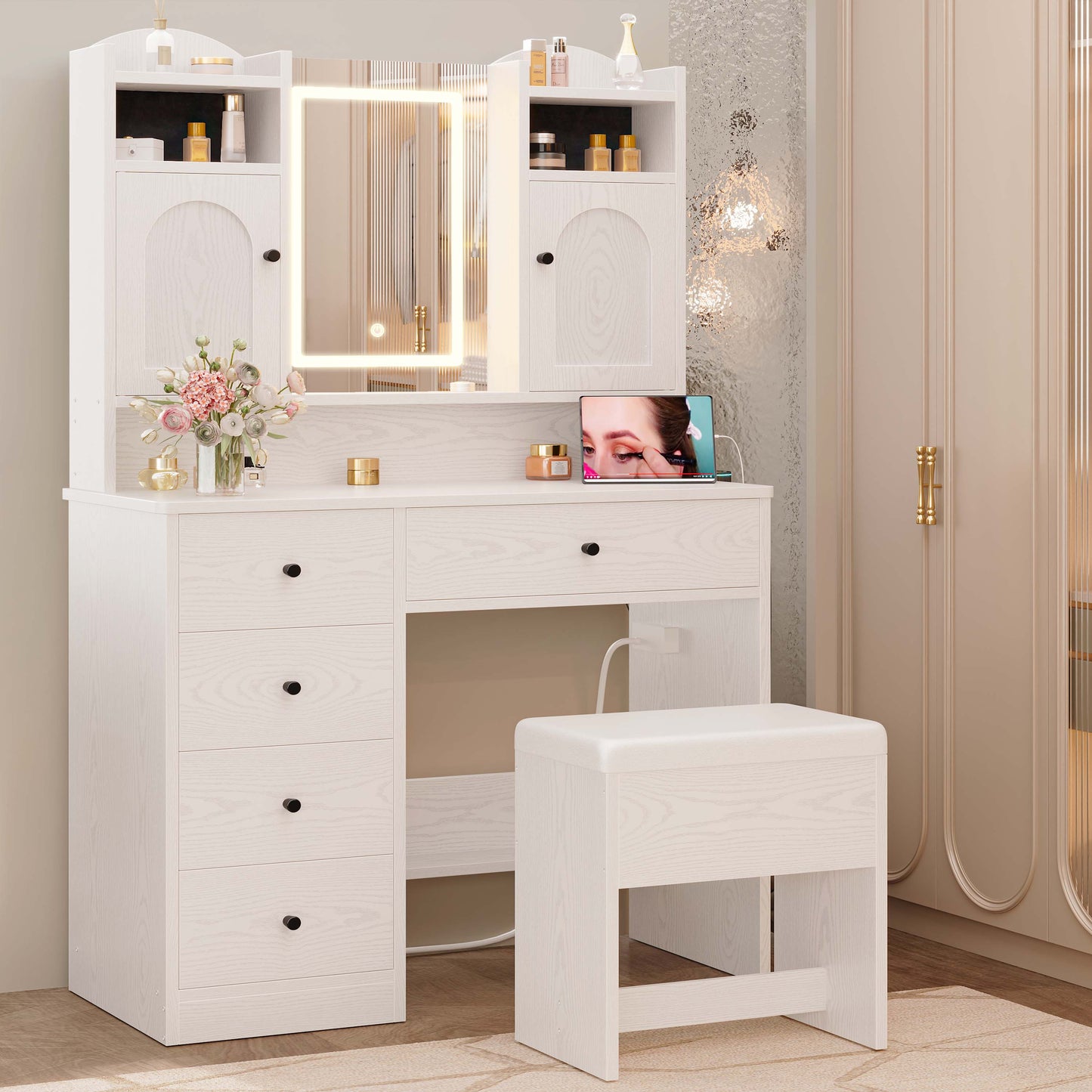 Schminktisch mit Schmuckschrank, Ladestation und 5 Schubladen