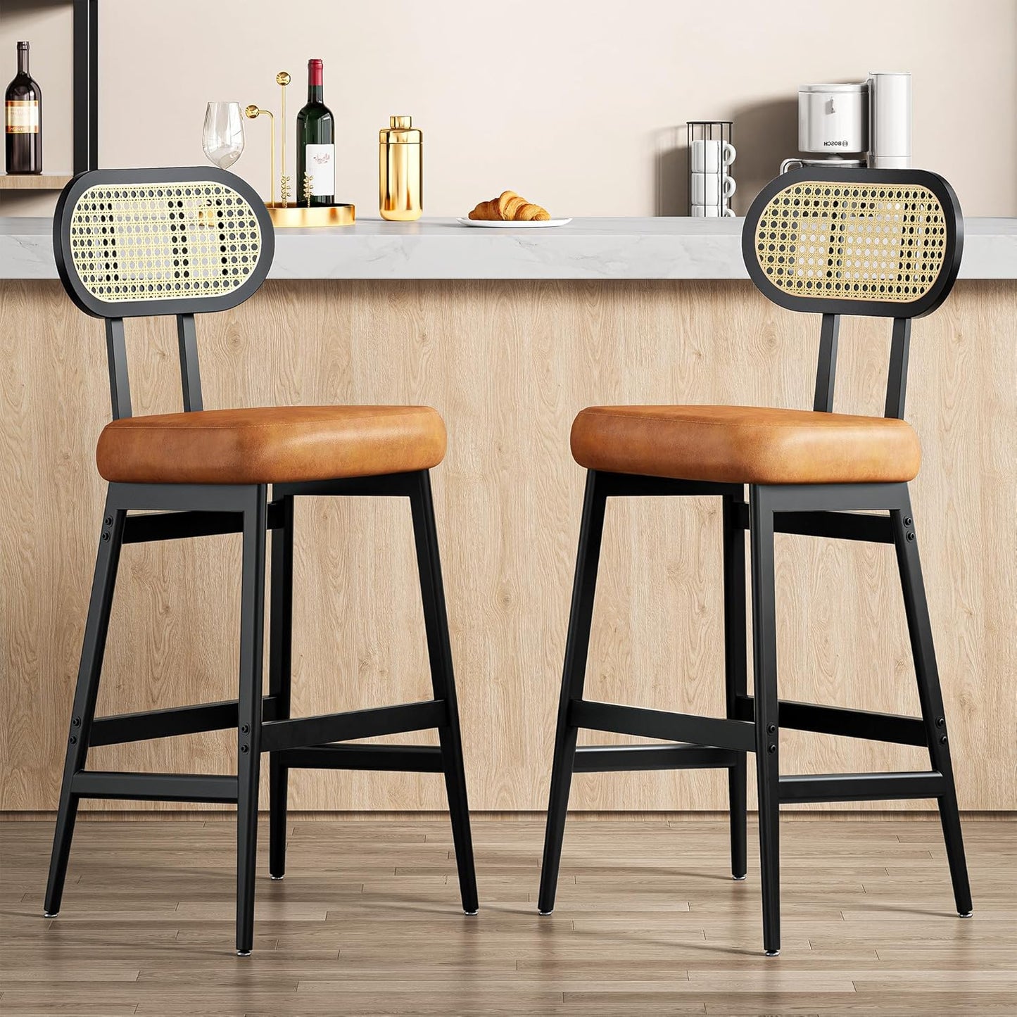 IRONCK Counter Height Bar Stools Set of 2, Modern PU Leather Barstools with Rattan Back and Wide Seat, 30" Tall Bar Chairs for Kitchen Island, Brown