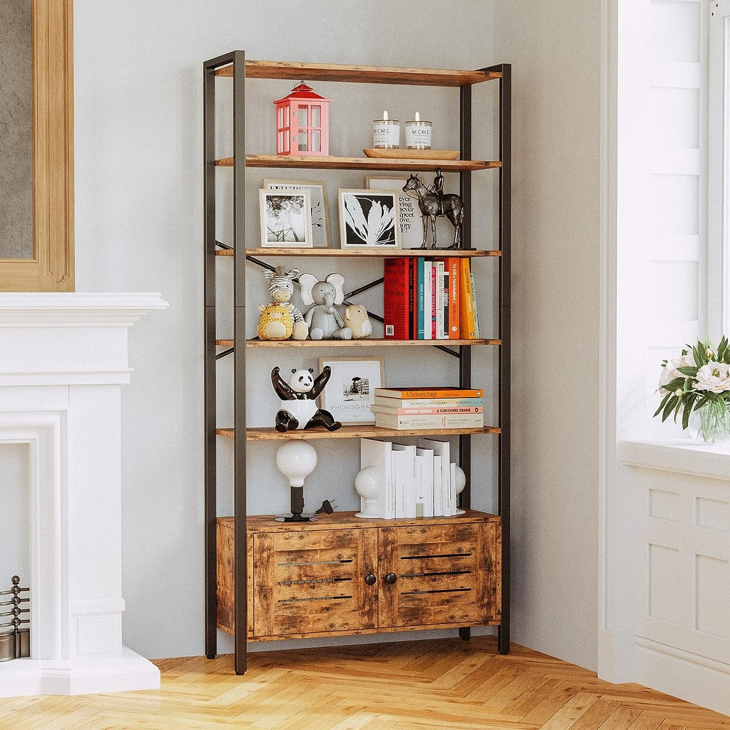5 Tier Wide Bookshelves with Door and Wheels