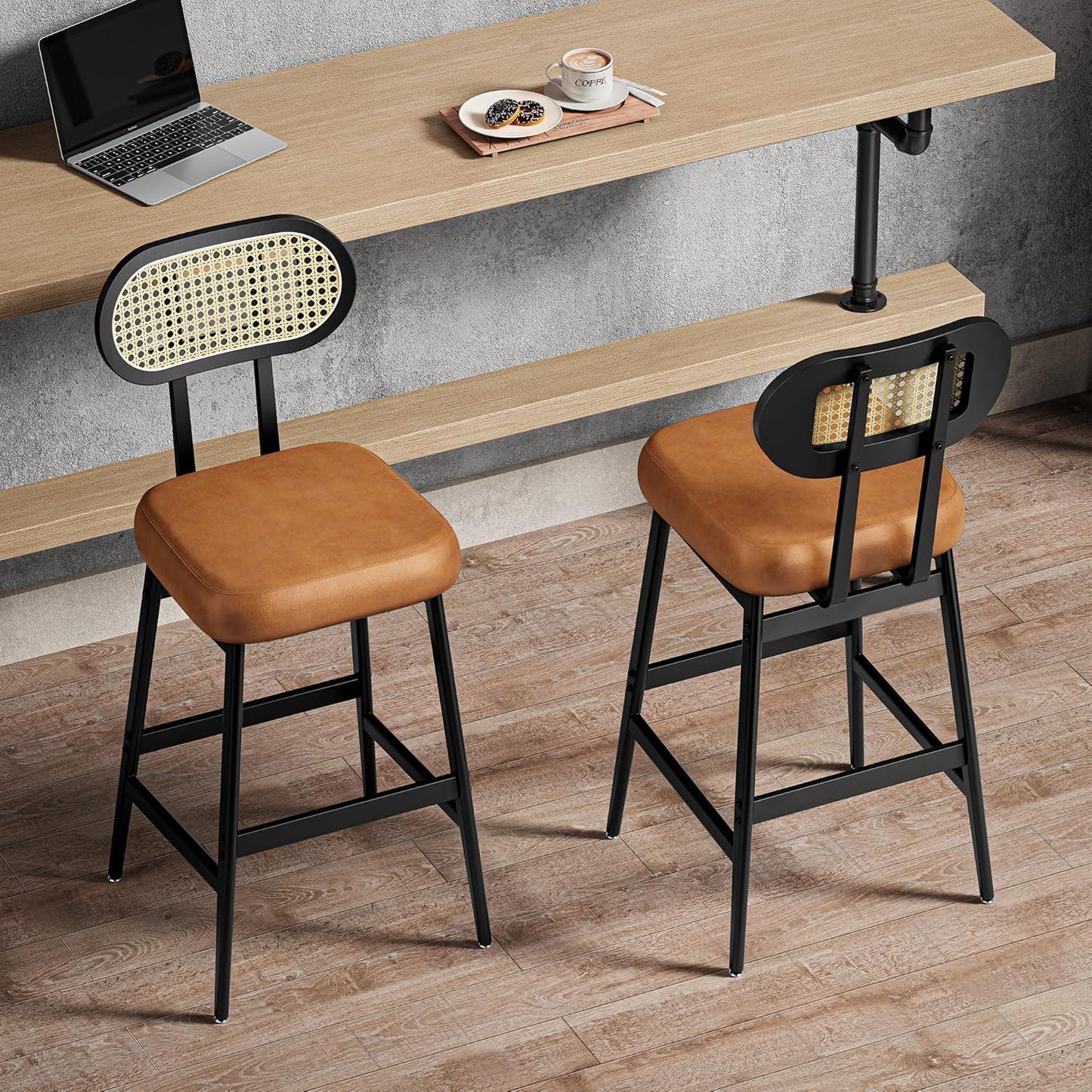 IRONCK Counter Height Bar Stools Set of 2, Modern PU Leather Barstools with Rattan Back and Wide Seat, 30" Tall Bar Chairs for Kitchen Island, Brown