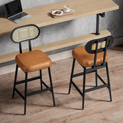 IRONCK Counter Height Bar Stools Set of 2, Modern PU Leather Barstools with Rattan Back and Wide Seat, 30" Tall Bar Chairs for Kitchen Island, Brown