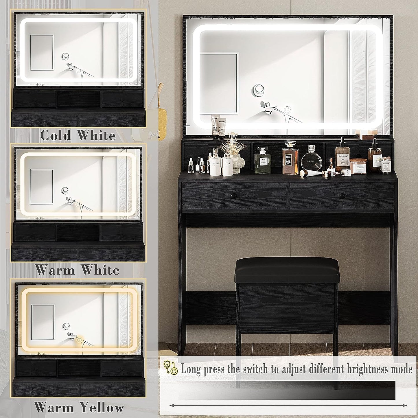 LED Lighted Mirror Makeup Desk Set- Black