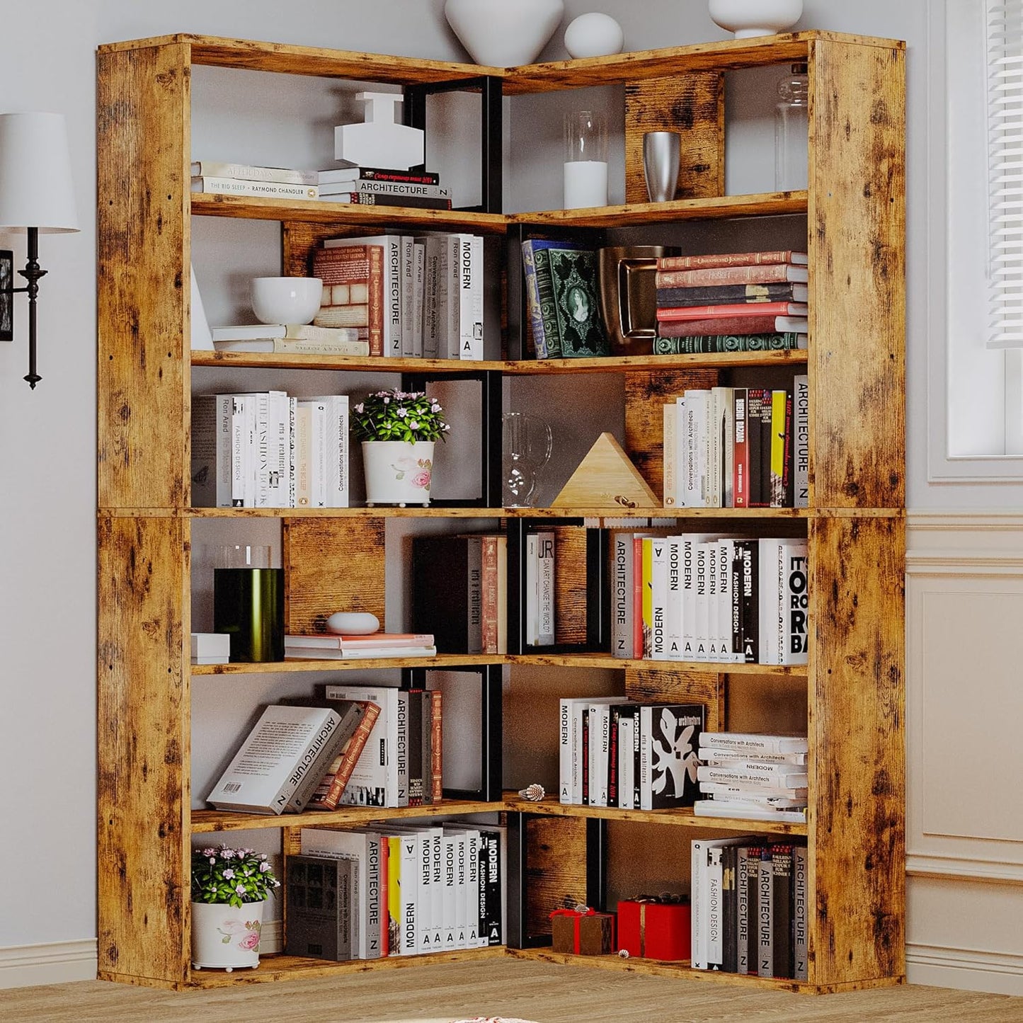 Bookshelves 6-Tier with Industrial Large Corner Etagere Shelf