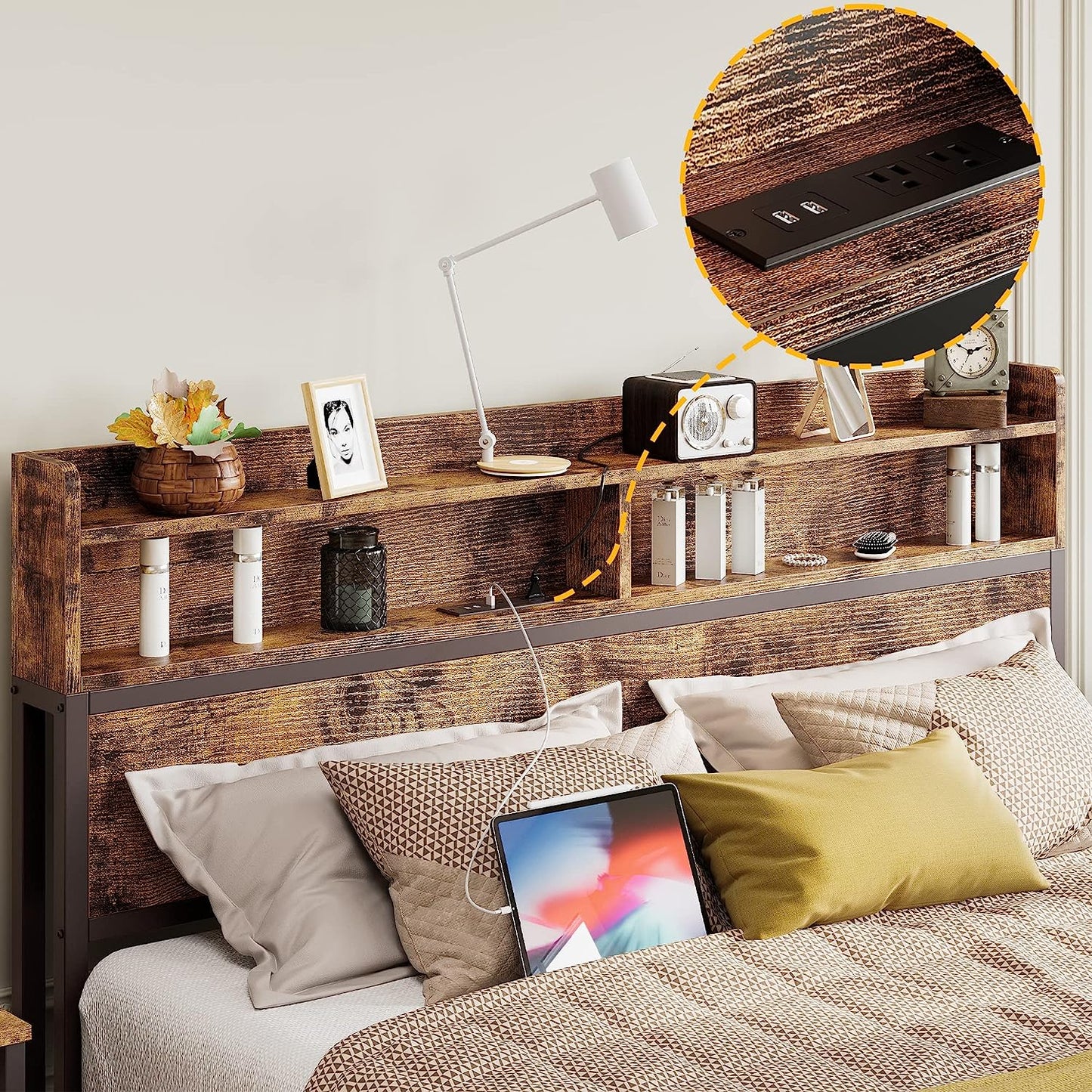 Industrial Bed Frame with Bookcase Headboard