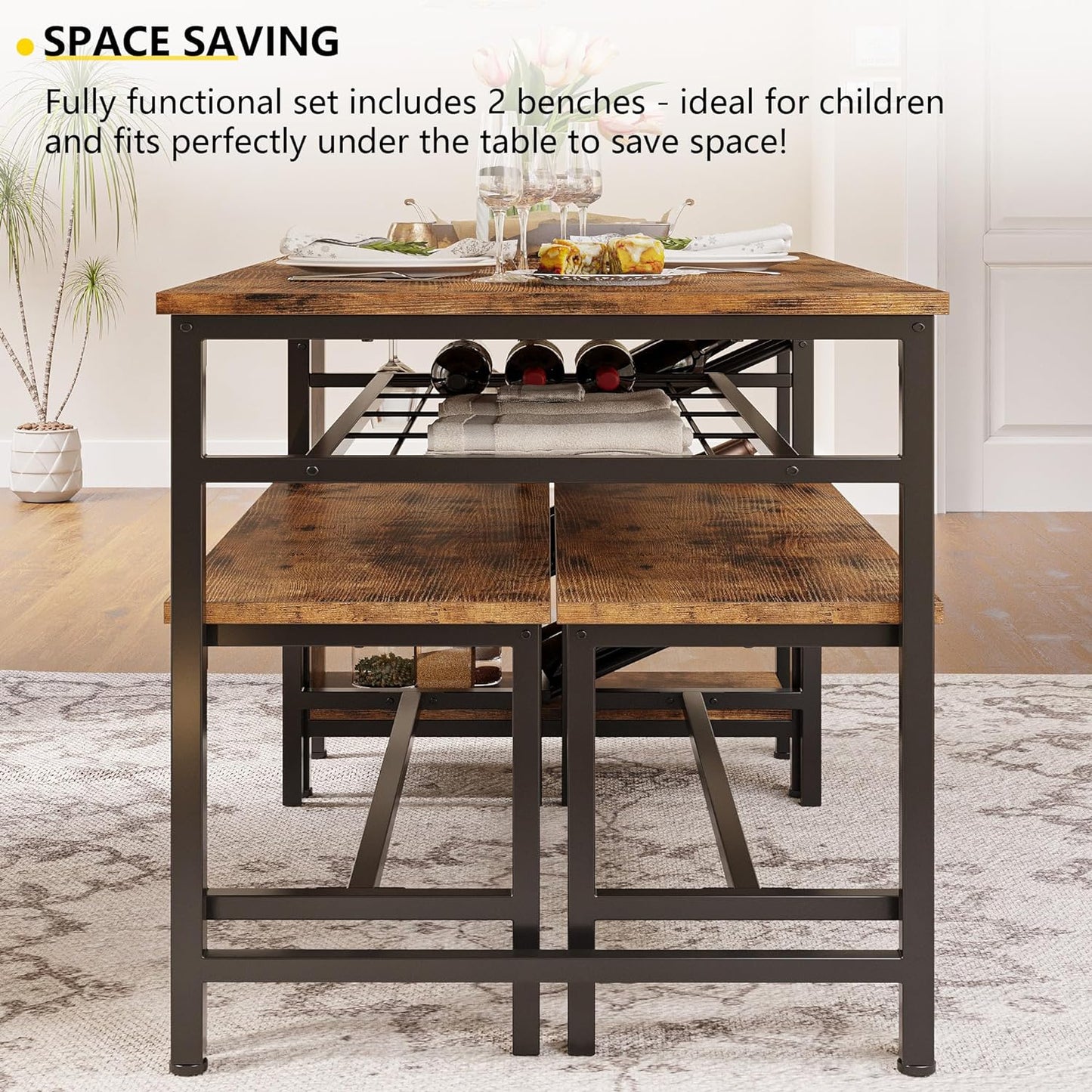 3PC Dining Table Set with 2 Benches