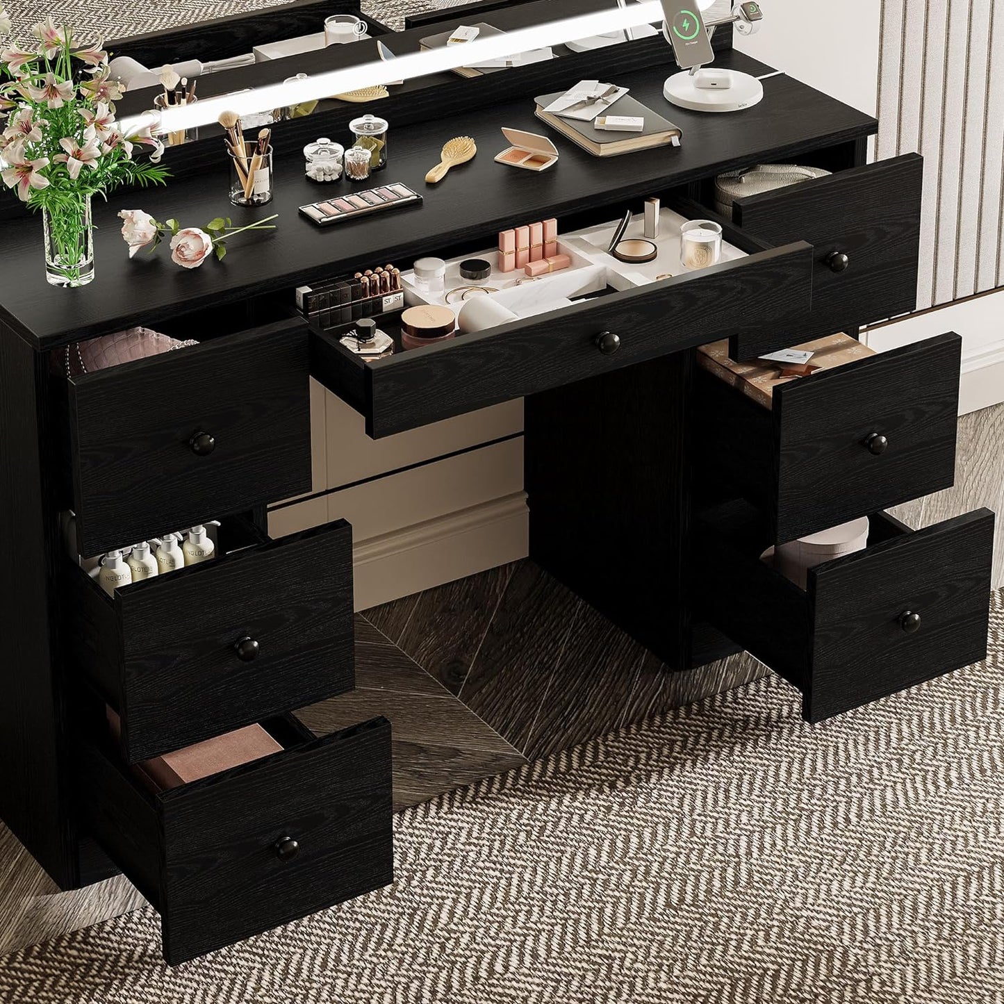 【HOT】Large Mirror Makeup Vanity Desk with 7 Drawers