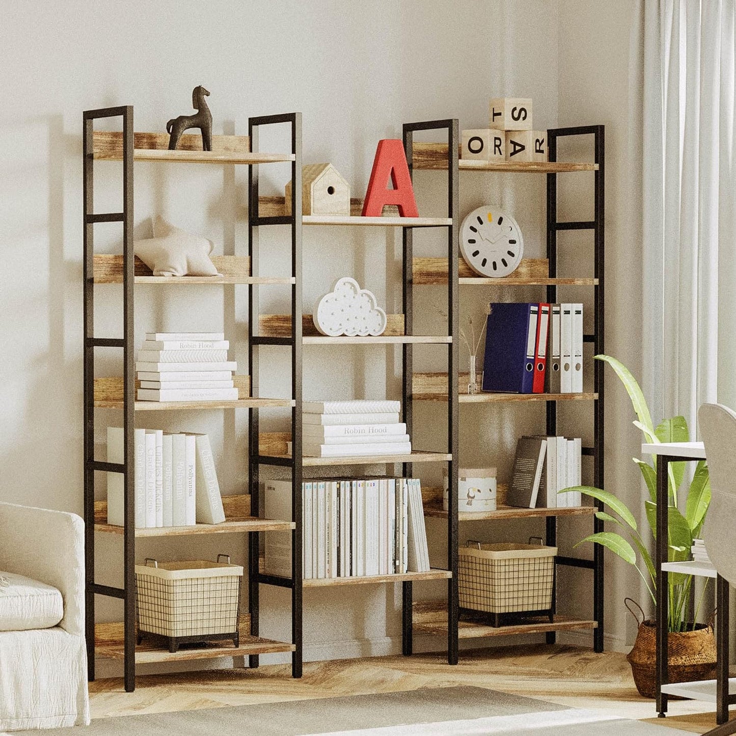 Triple Wide Bookshelf 5 Tiers with Baffles