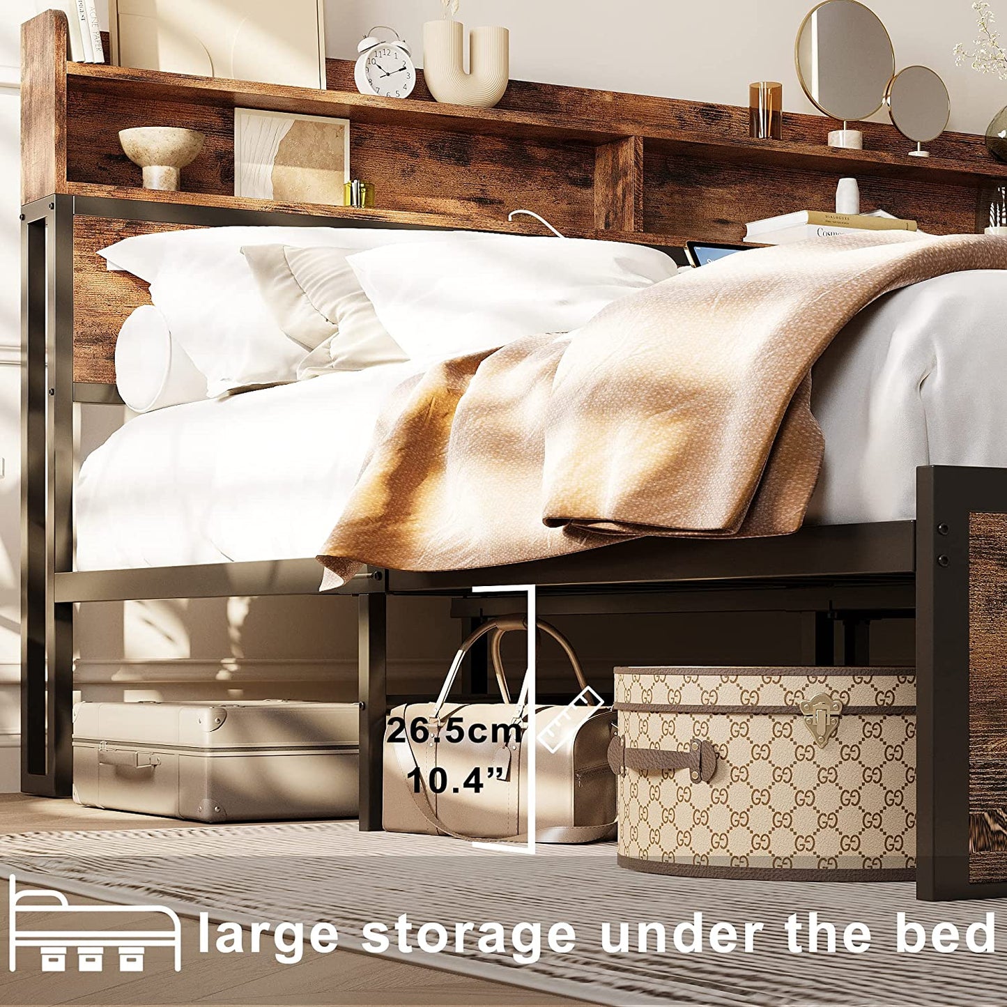 King Bed Frame with Bookcase Headboard