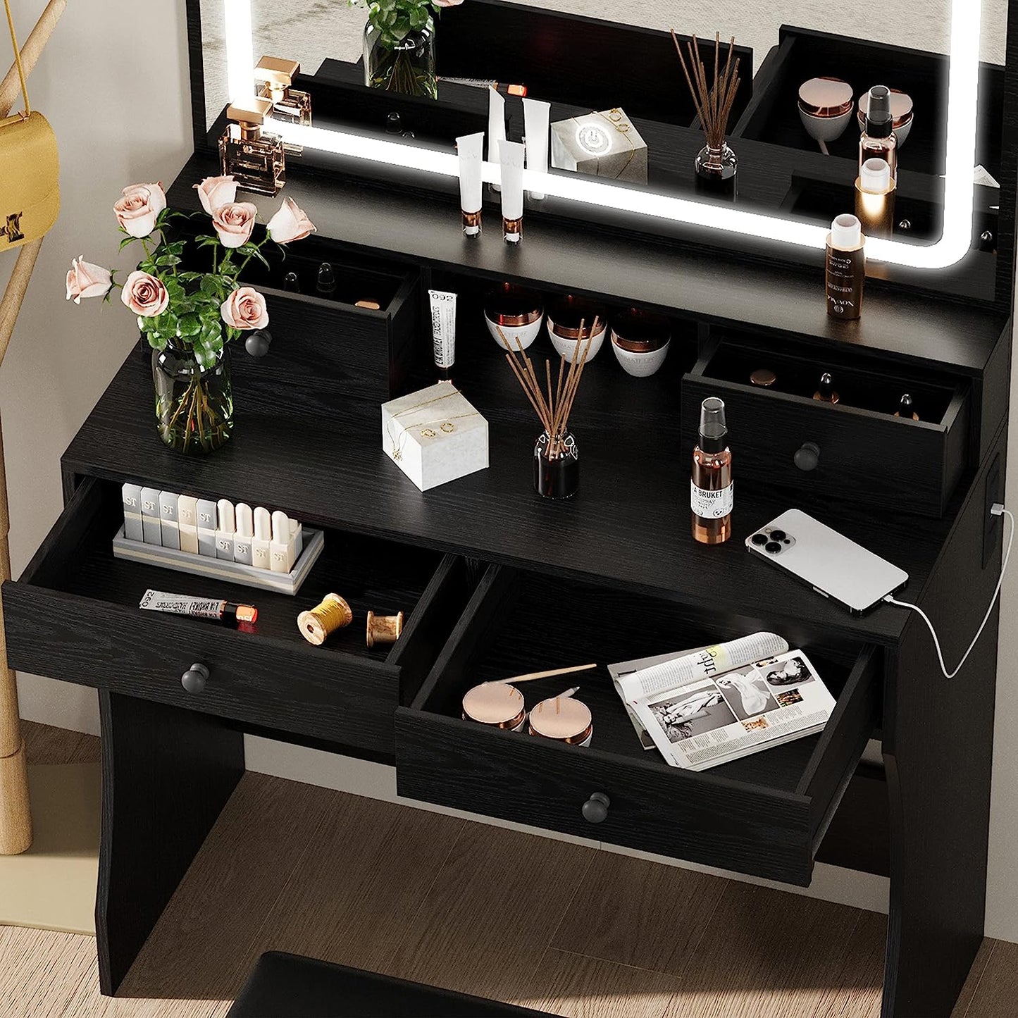 LED Lighted Mirror Makeup Desk Set- Black