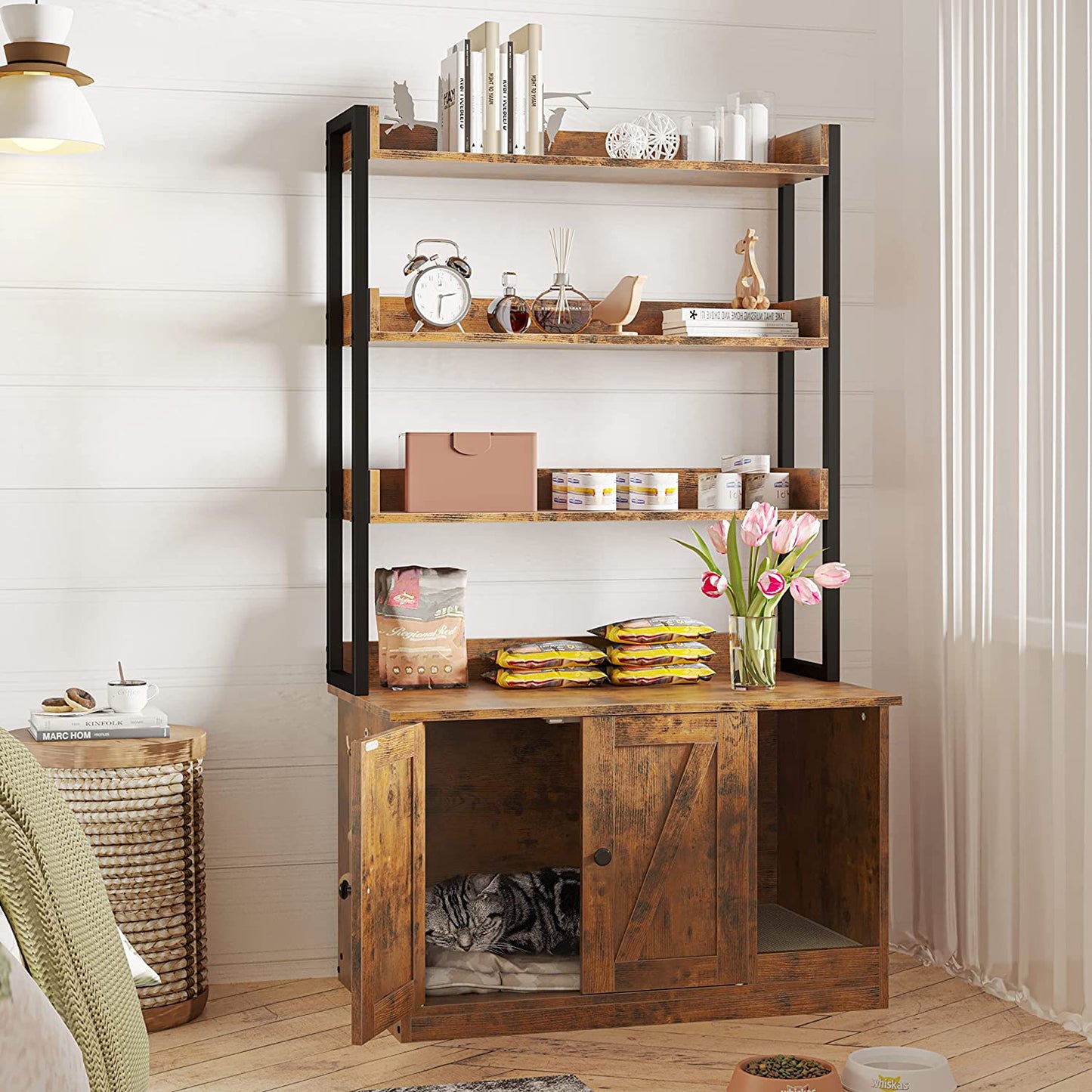 3 Tier Cat Litter Box Cabinet with Scratching Pad