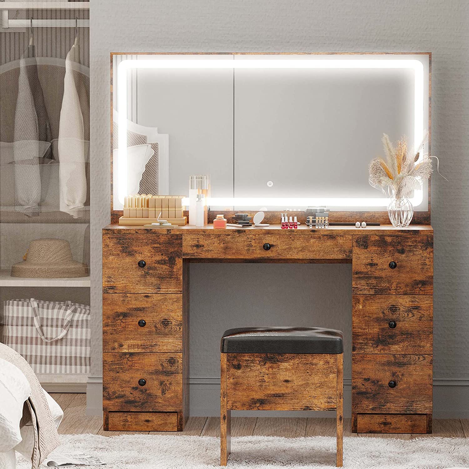 Grand miroir de maquillage avec 7 tiroirs - Vintage