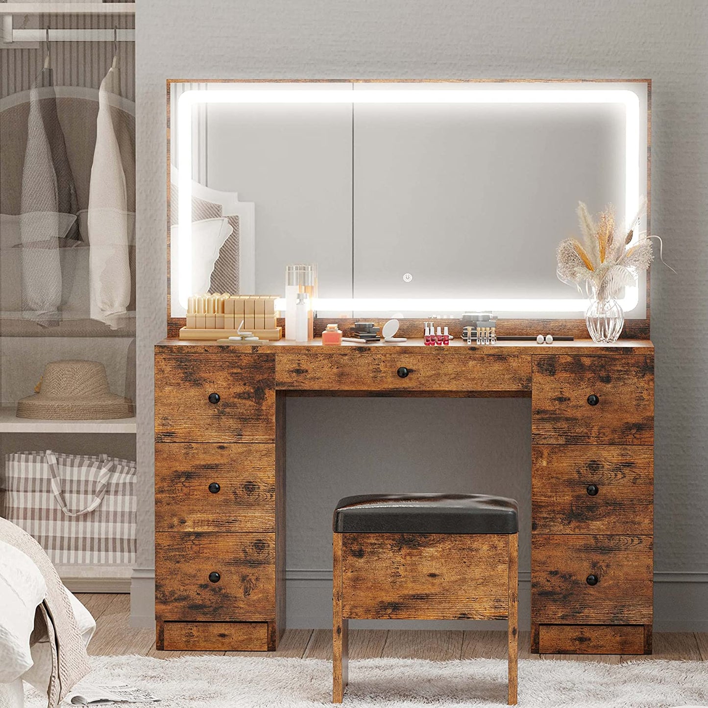 Large Mirror Makeup Vanity Desk with 7 Drawers- Vintage