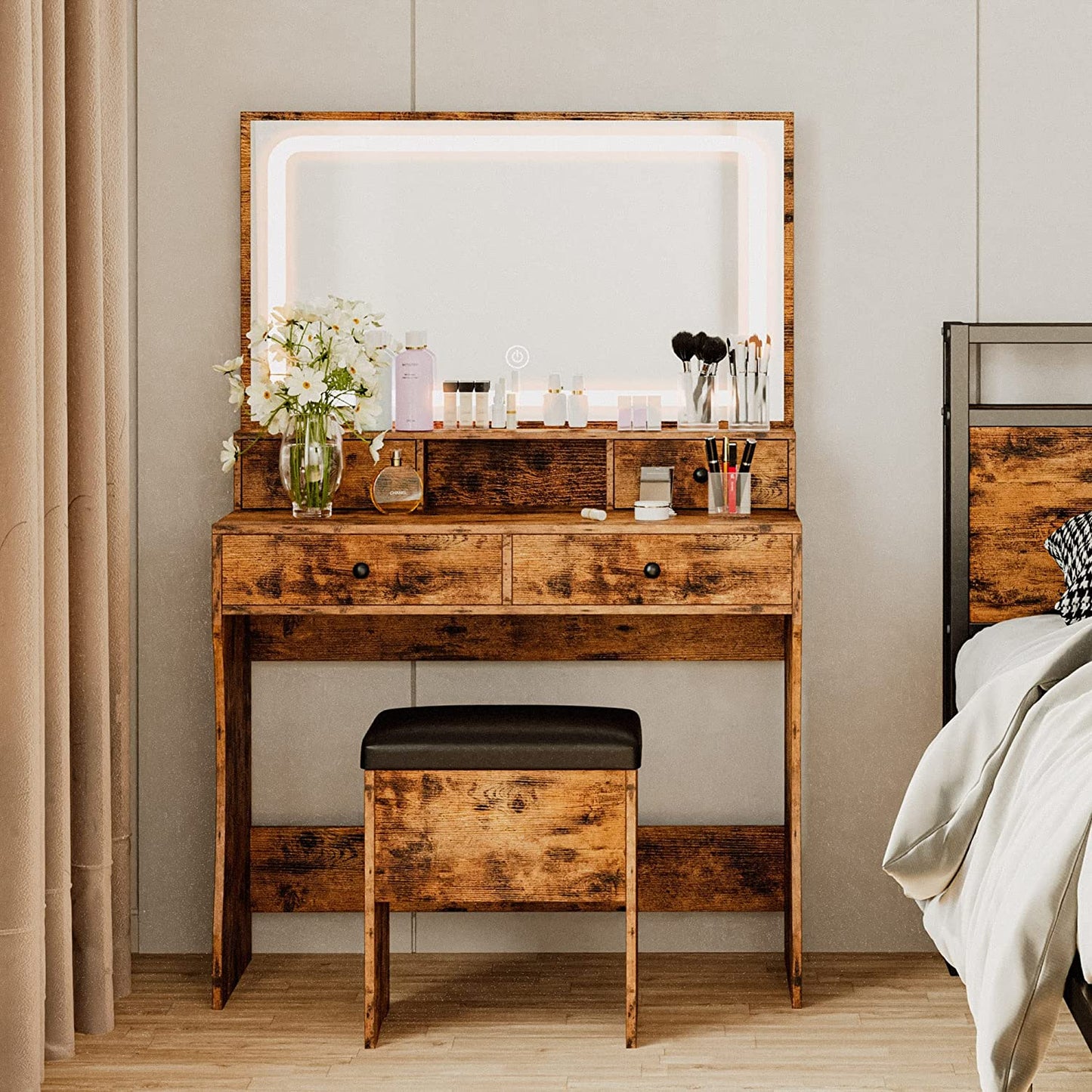 LED Lighted Mirror Makeup Desk Set- Vintage