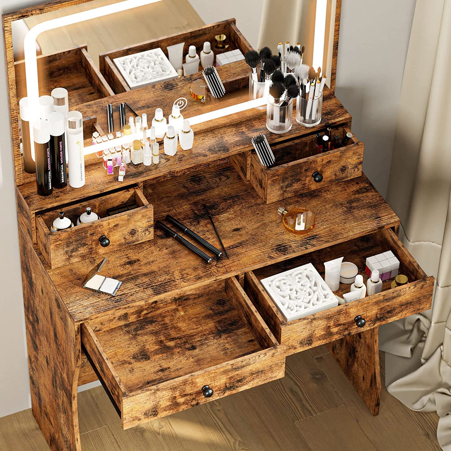 LED Lighted Mirror Makeup Desk Set- Vintage