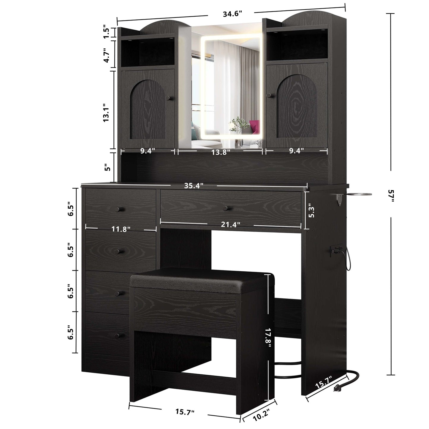 Schminktisch mit Schmuckschrank, Ladestation und 5 Schubladen