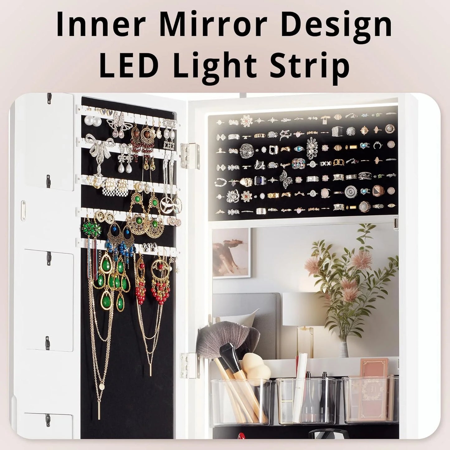 Wall Mounted Mirror Jewelry Cabinet with Photo Frame and Foldable Shelf