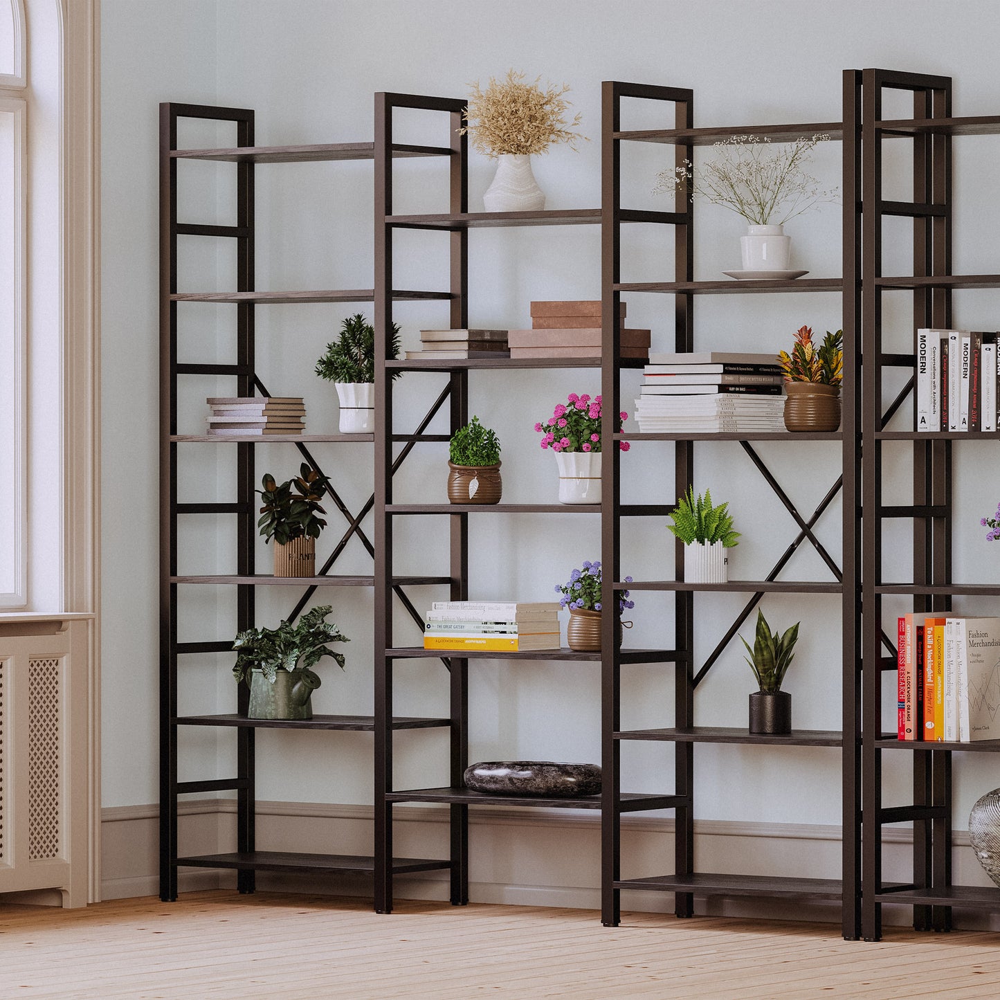 Large Bookshelf Triple Wide with 6 Tiers Vintage Black