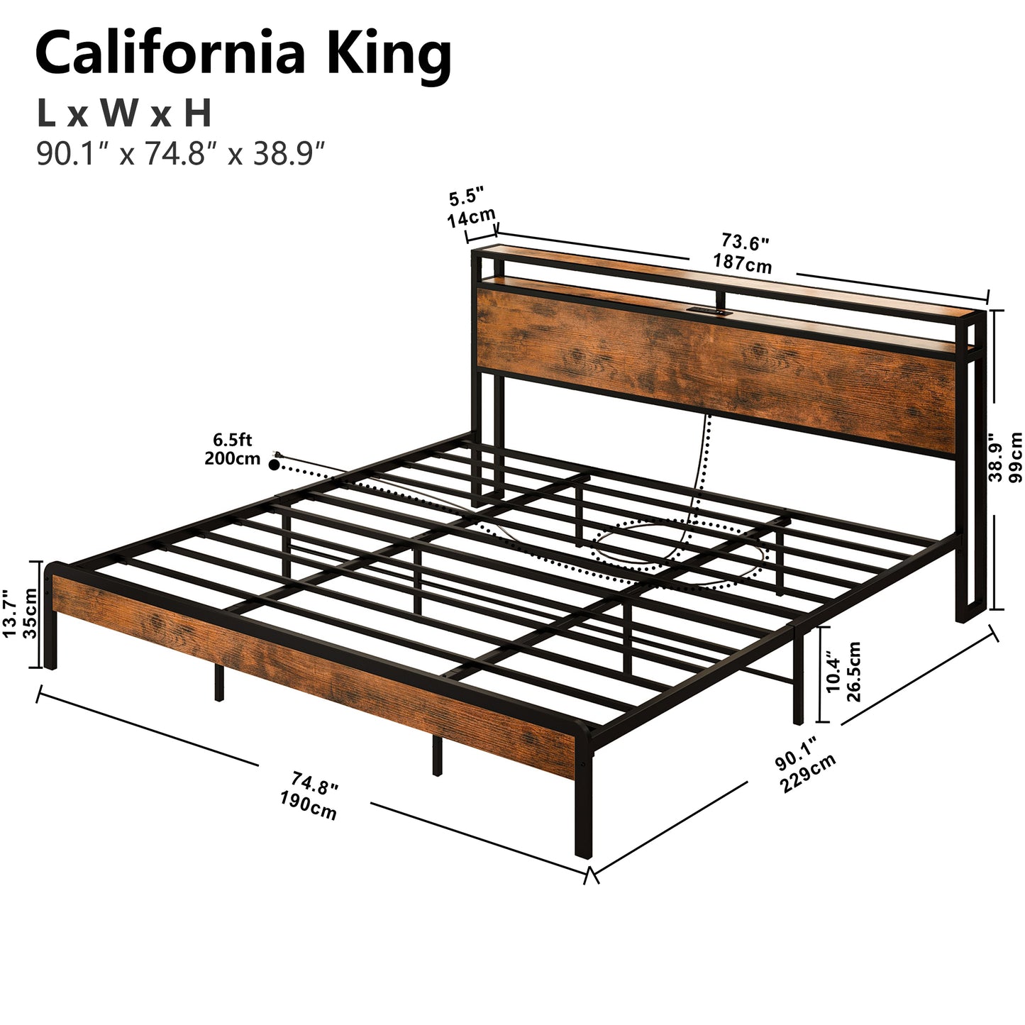 Mental Bed Frame with Charging Station