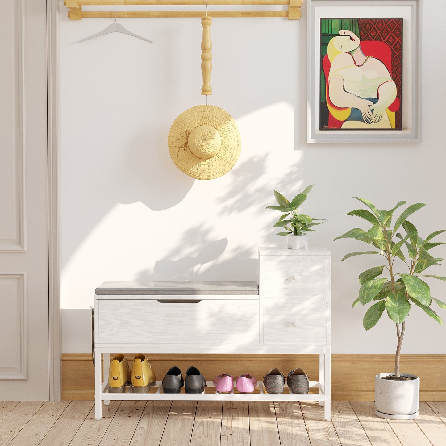 White Entryway Bench with Drawers
