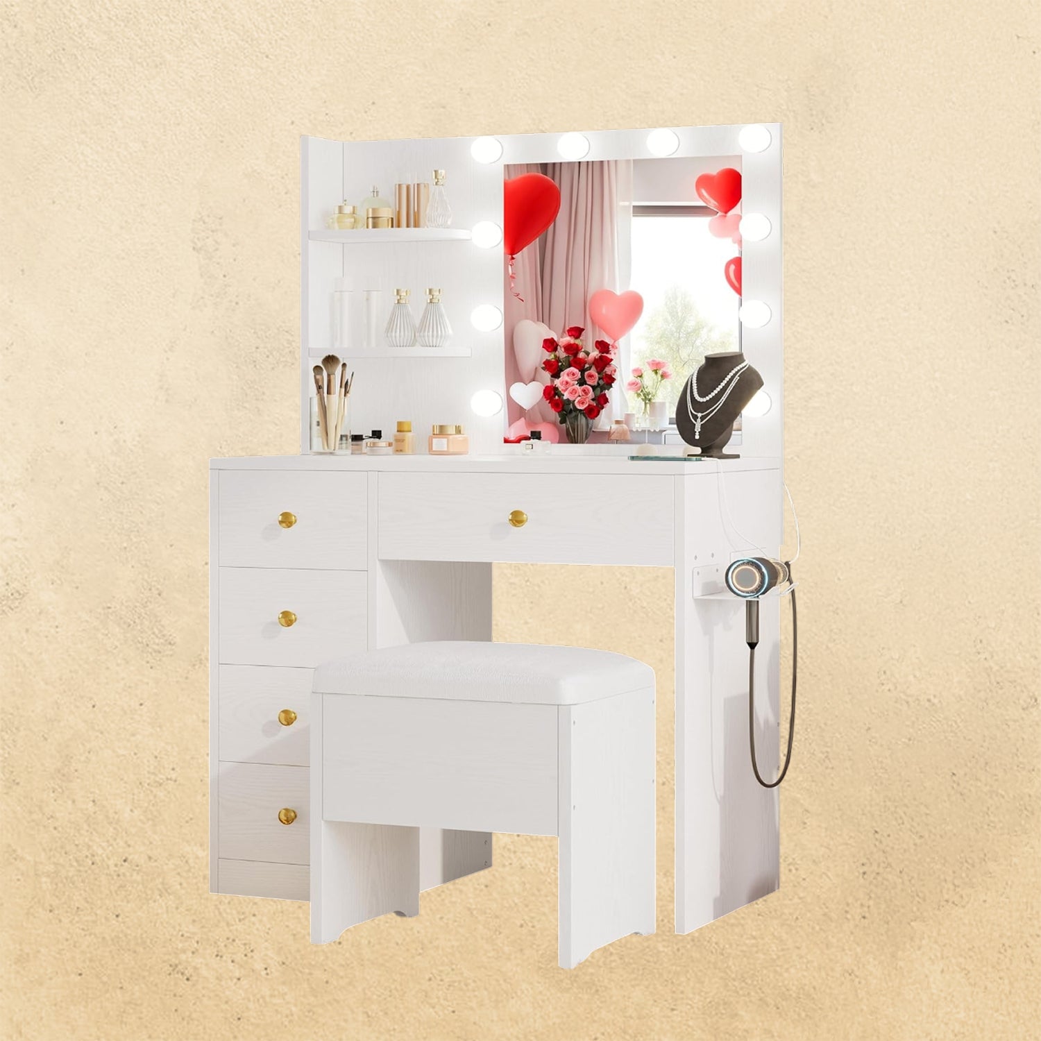 IRONCK Vanity Desk with LED Lighted Mirror & Power Outlet Makeup Table with Drawers & Cabinet Storage Stool for Bedroom White