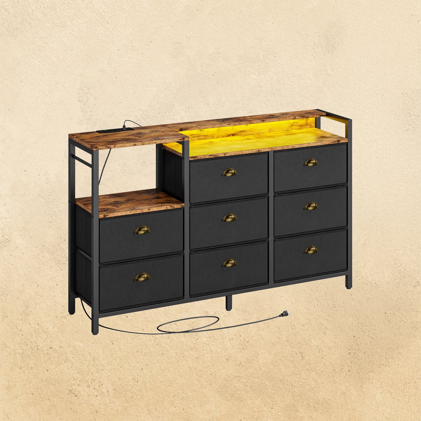 Commode LED avec 8 tiroirs en cuir PU