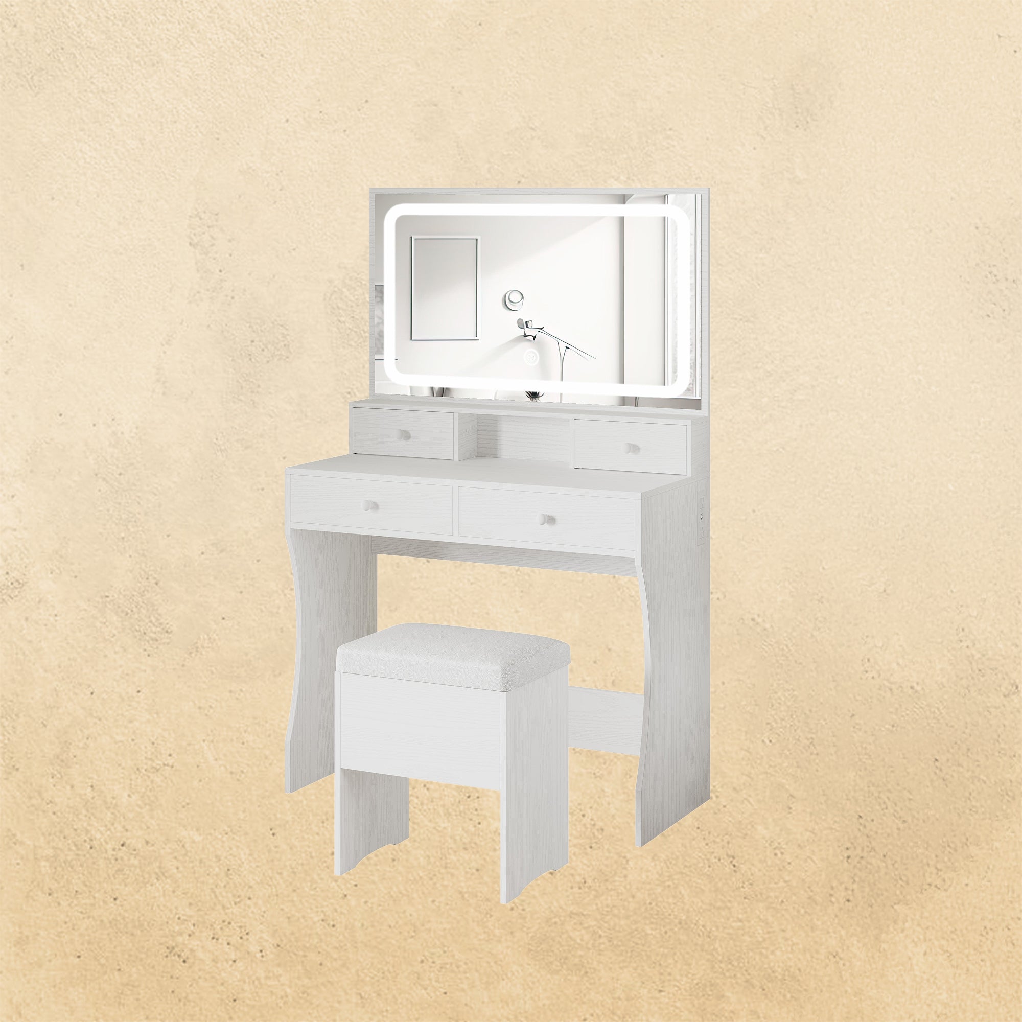 IRONCK Vanity Desk with LED Lighted Mirror & Power Outlet, Makeup Table with Drawers & Cabinet,Storage Stool,for Bedroom, Black