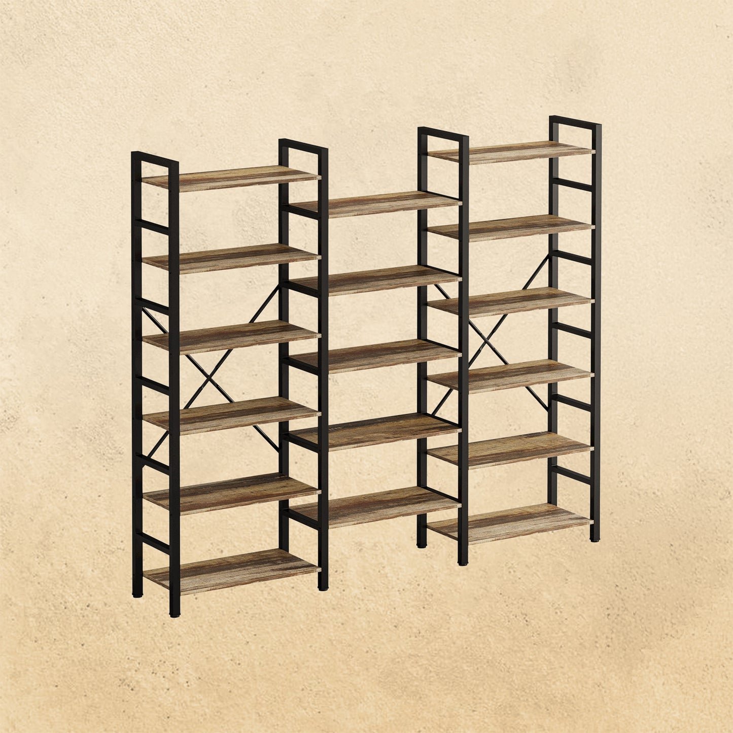 Large Bookshelf Triple Wide with 6 Tiers Vintage Black