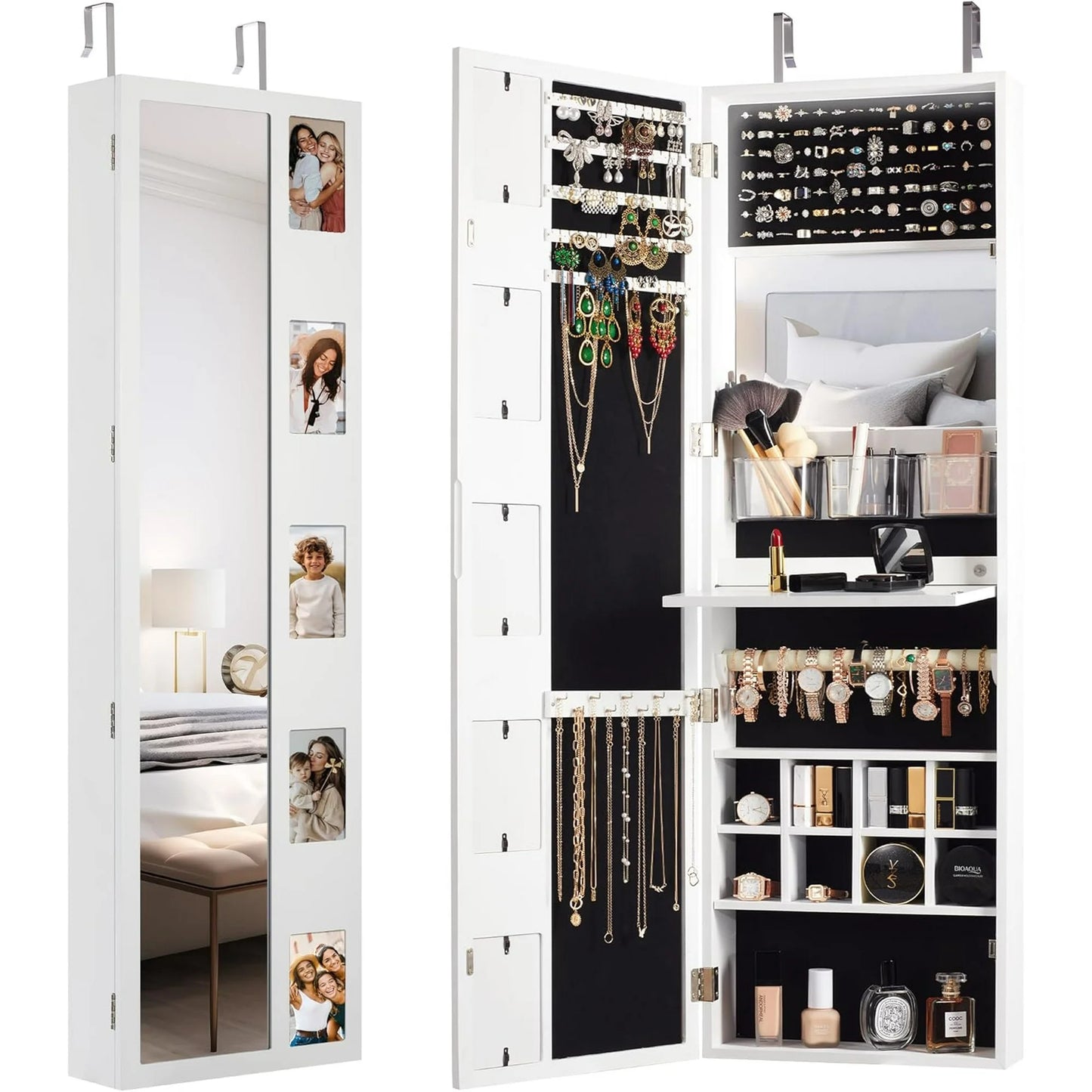 Wall Mounted Mirror Jewelry Cabinet with Photo Frame and Foldable Shelf