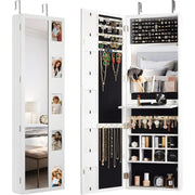 Wall Mounted Mirror Jewelry Cabinet with Photo Frame and Foldable Shelf