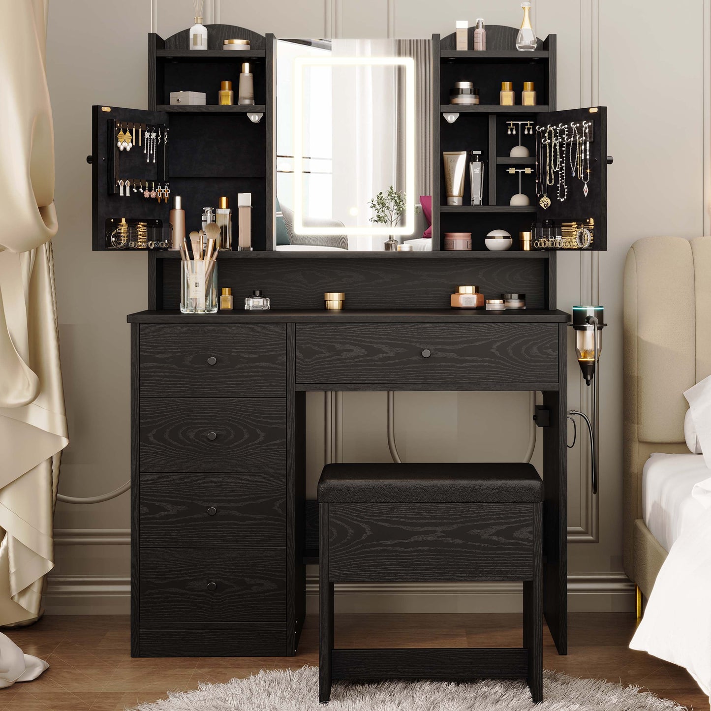 Schminktisch mit Schmuckschrank, Ladestation und 5 Schubladen