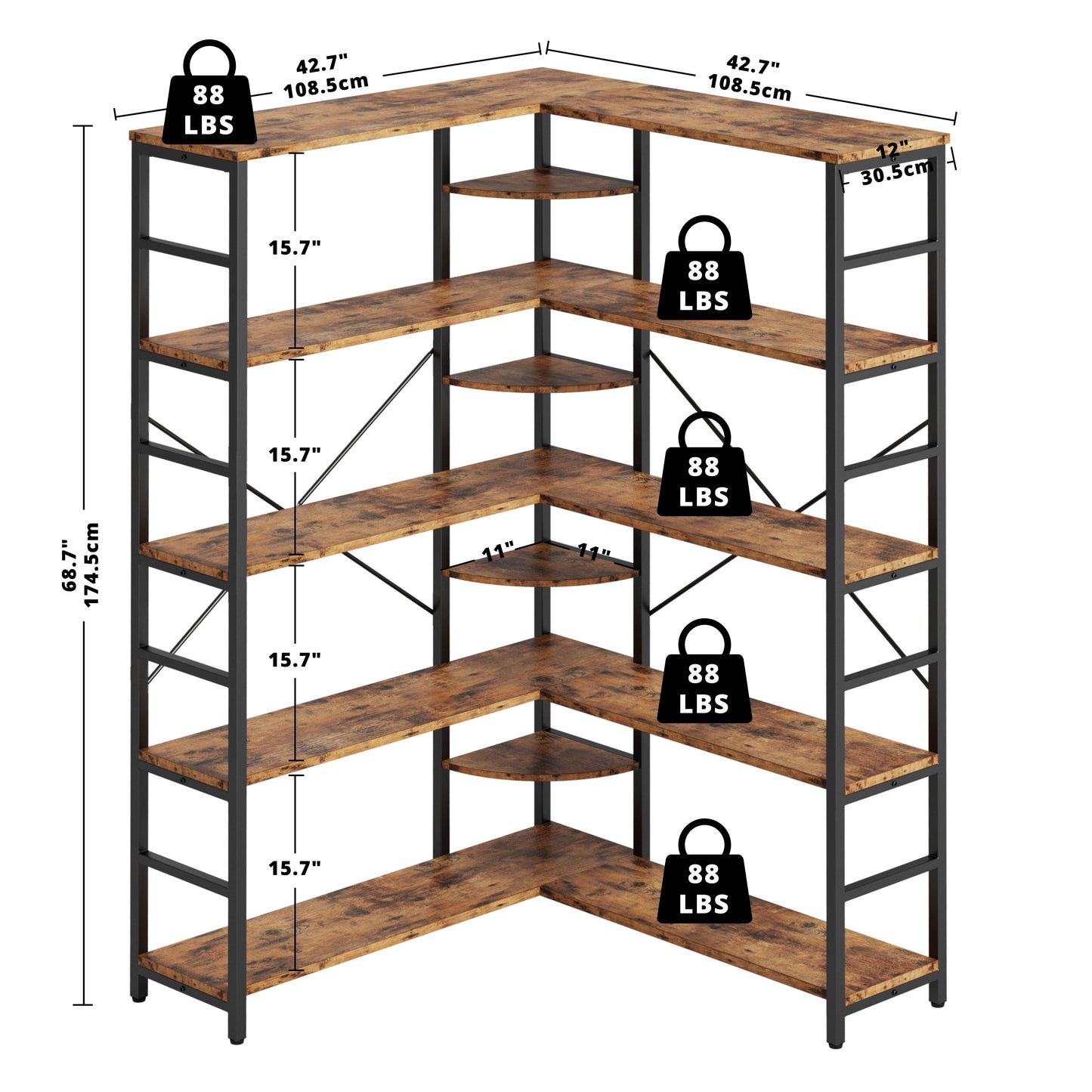 【HOT】5-Tiers Corner Bookcase with Curved Panels
