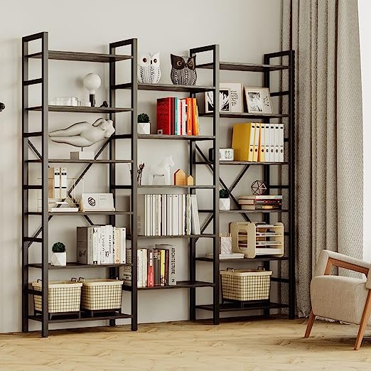 Large Bookshelf Triple Wide with 6 Tiers Vintage Black
