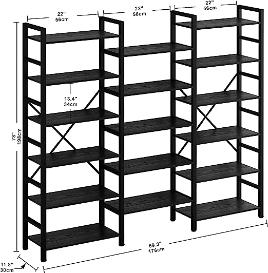 Large Bookshelf Triple Wide with 6 Tiers Vintage Black