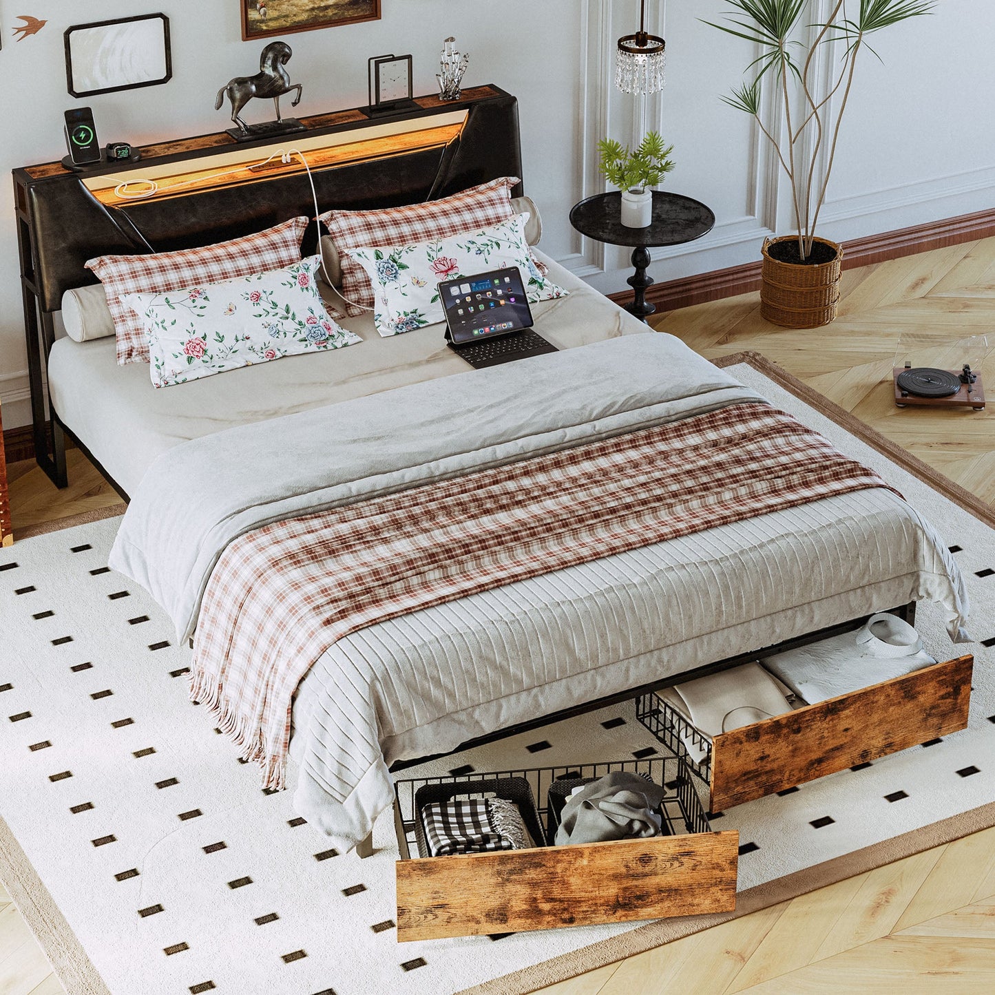 LED Full Bed Frame with Drawers