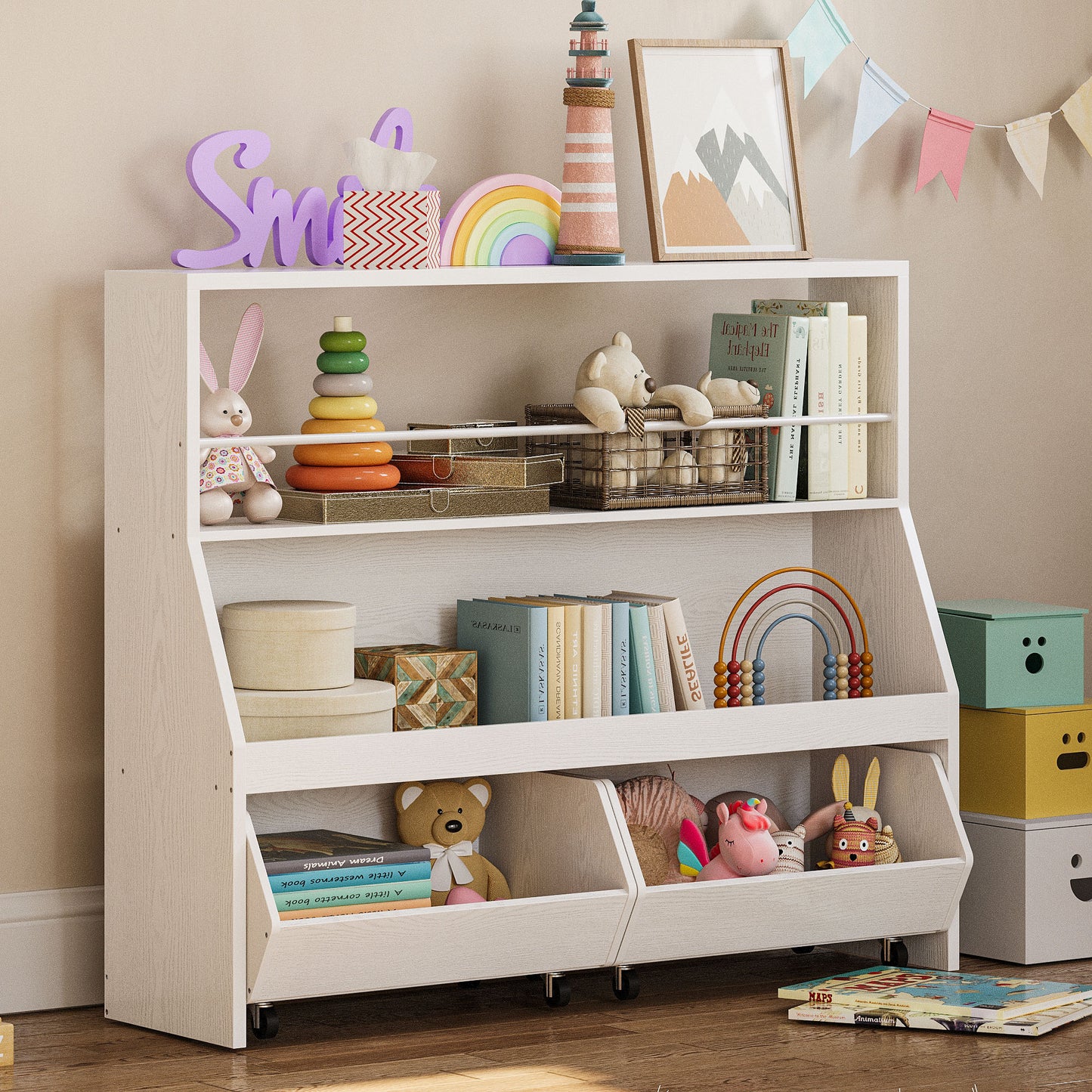 Organisateur de rangement pour enfants - Bibliothèque avec tiroirs et étagère à jouets