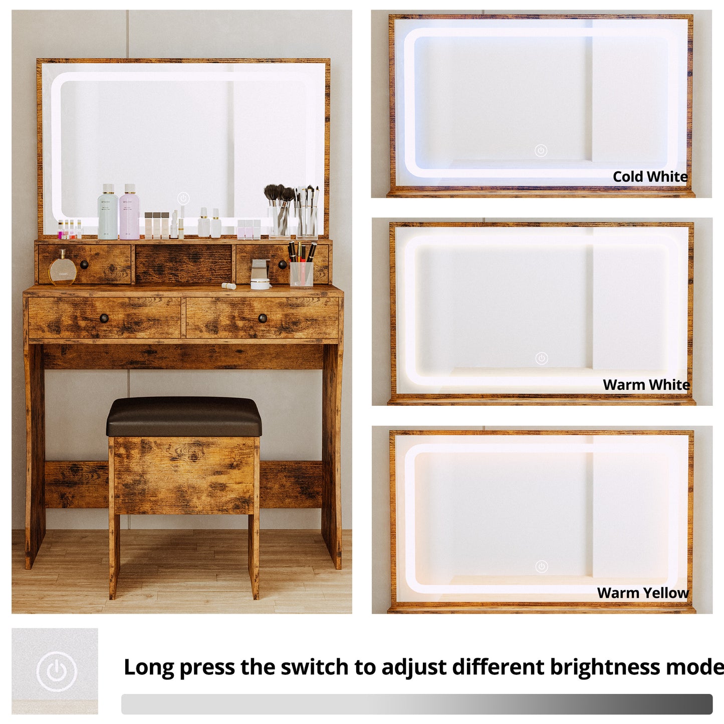 LED Lighted Mirror Makeup Desk Set- Vintage