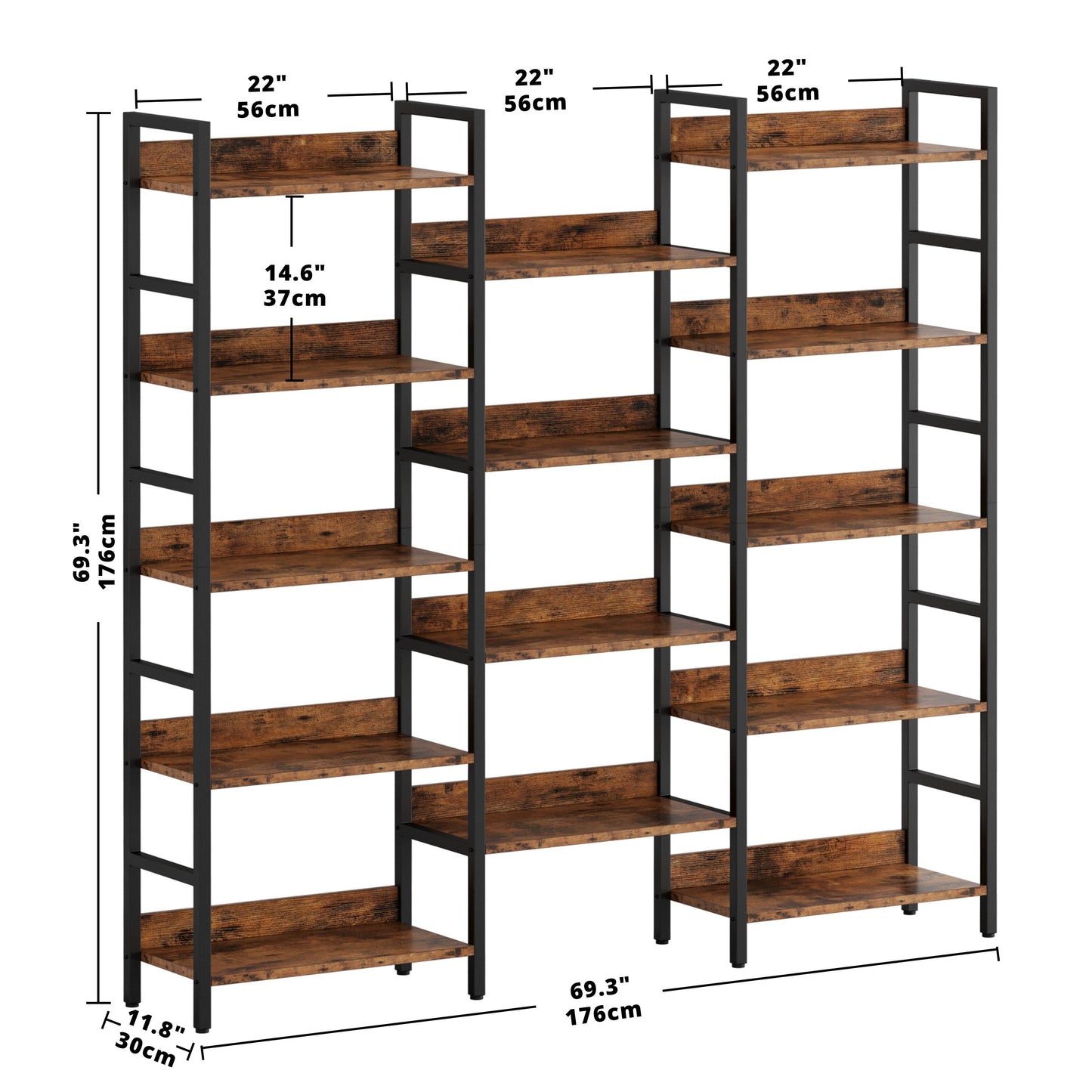 Triple Wide Bookshelf 5 Tiers with Baffles