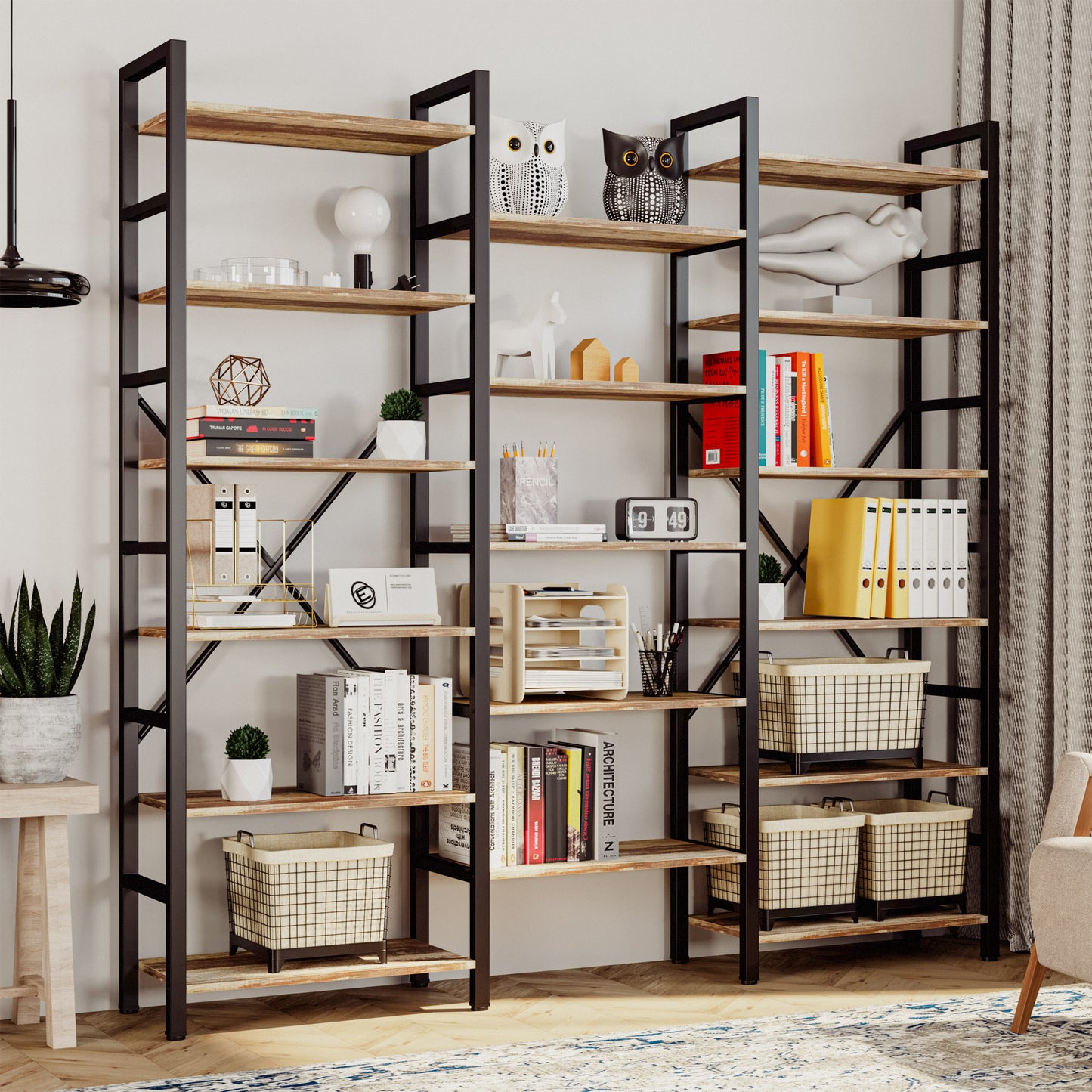 【HOT】Large Bookshelf Triple Wide with 6 Tiers Industrial Brown