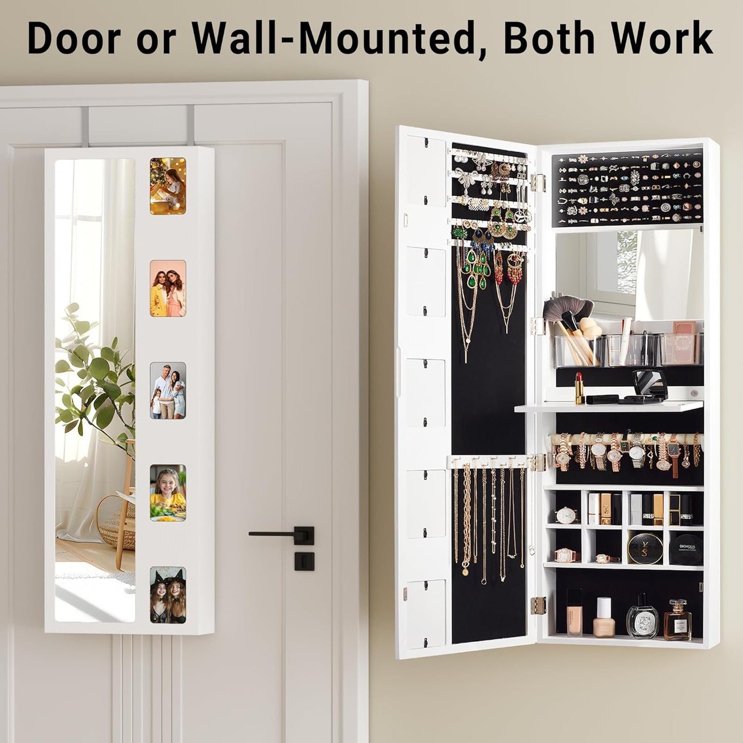 Wall Mounted Mirror Jewelry Cabinet with Photo Frame and Foldable Shelf