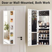 Wall Mounted Mirror Jewelry Cabinet with Photo Frame and Foldable Shelf