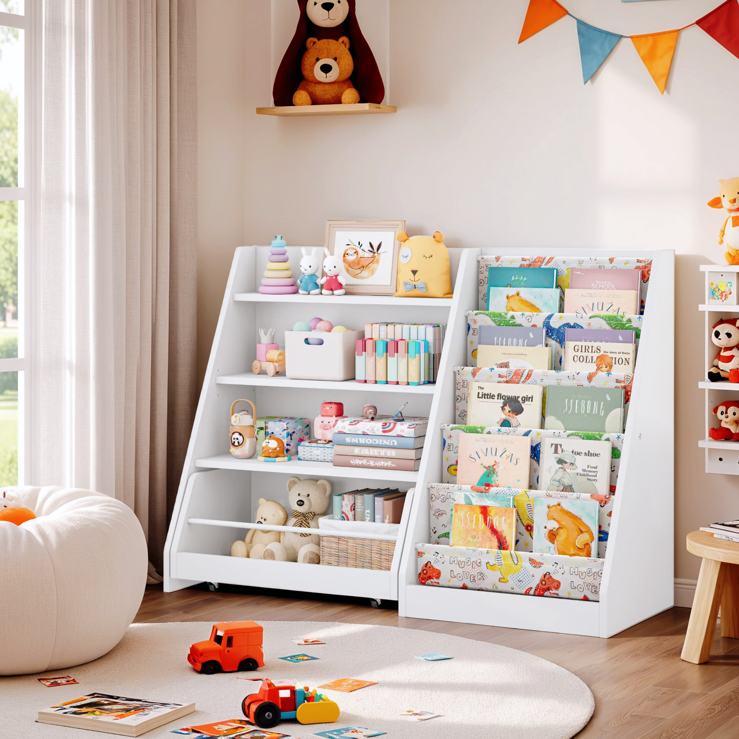42 Inch Kids Bookshelf, 5 Layer Sling Kids Book Shelf for Kid Rooms, Baby Storage Book Rack, Wood Children Bookcase with Movable Drawer for Playroom, Nursery-Antique White