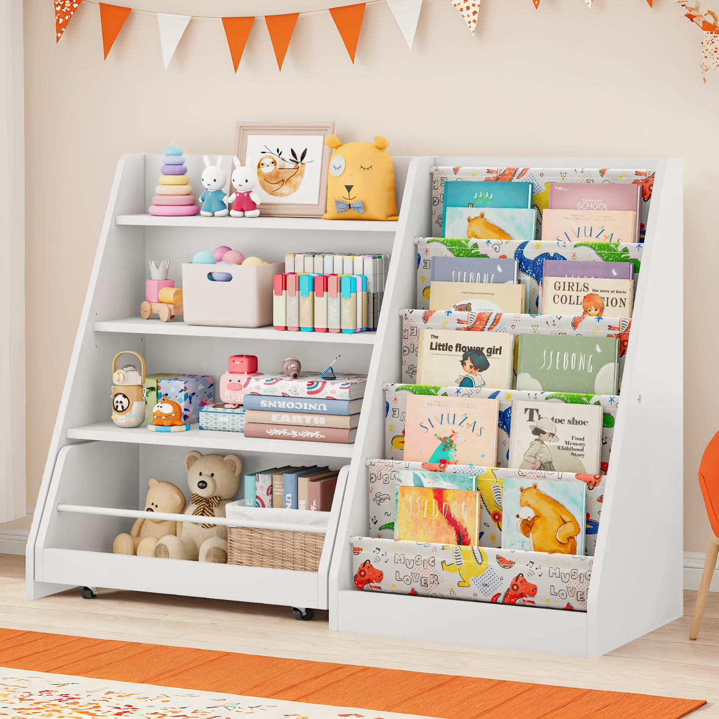 42 Inch Kids Bookshelf, 5 Layer Sling Kids Book Shelf for Kid Rooms, Baby Storage Book Rack, Wood Children Bookcase with Movable Drawer for Playroom, Nursery-Antique White